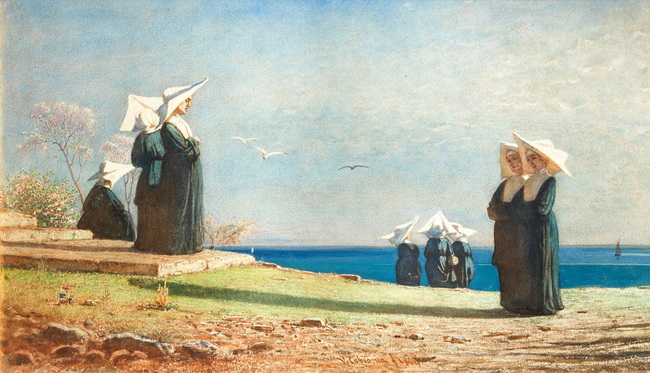 Vincenzo Cabianca, Le monachine, 1860, acquarello su cartone, 31 x 56 cm. Milano, Galleria d'Arte Moderna 