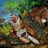 Antonio Ligabue Leopardo assalito da un serpente, circa 1955-1956 olio su faesite, cm 69,5×98 firmato in basso a destra: A. Ligabue.Collezione d’Arte Fondazione Cariparma, Parma