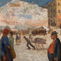 Giacomo Bergomi, Piazza Rovetta a Brescia, 1967, olio su tela, 150x230cm