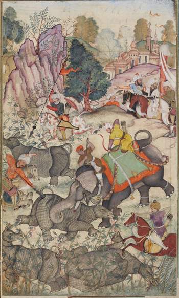 Artista sconosciuto Babur a caccia di rinoceronti vicino a Bigram (Peshawar) il 10 dicembre 1526 Illustrazione della Biografia di Babur (Baburnama) 1589 circa Colore e oro su carta, 34,5 x 23 cm Zurigo, Museum Rietberg, Gift Barbara and Eberhard Fischer