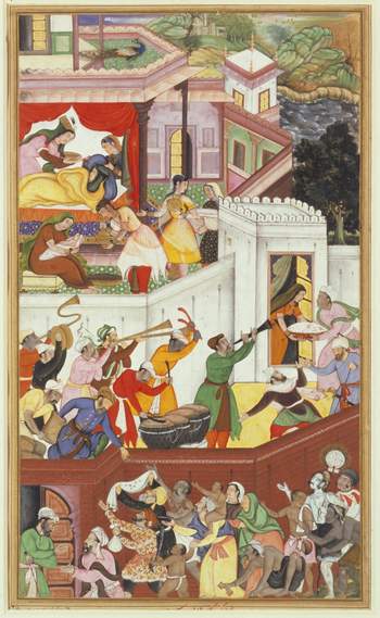 Keshav Kalan (composizione) e Dharmdas (dipinto) La nascita di Salim nel 1569 Illustrazione della Biografia di Akbar (Akbarnama) Epoca Mughal, probabilmente realizzato a Lahore 1590-95 ca. Acquerello opaco e oro su carta, 37,4 x 24,7 cm Londra, Victoria and Albert Museum © Victoria and Albert Museum, London