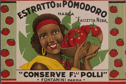 T. Bonacchi,  Cartolina pubblicitaria per l’estratto di pomodoro Marca “Faccetta Nera” della ditta Fratelli Polli di Fontanini (PR) del 1937