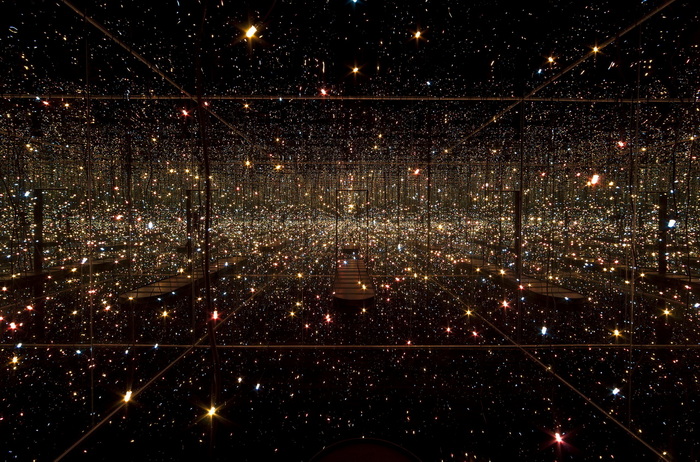Yayoi Kusama, Fireflies on the Water, 2002. Mirrors, plexiglass, lights, and water, 111 × 144 1/2 × 144 1/2 in. (281.9 × 367 × 367 cm). Whitney Museum of American Art, New York; purchase with funds from the Postwar Committee and the Contemporary Painting and Sculpture Committee and partial gift of Betsy Wittenborn Miller 2003.322. © Yayoi Kusama. Photograph by Sheldan C. Collins