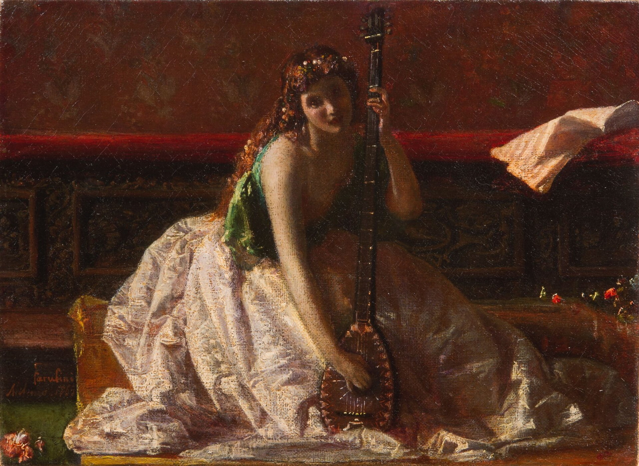 Federico Faruffini Suonatrice di liuto 1865 olio su tela 26 x 35 cm collezione privata