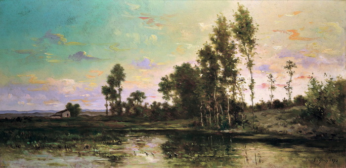 Charles François Daubigny, Paesaggio con lago, 1872, olio su tavola
