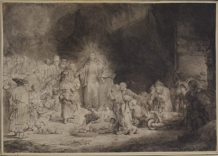 Rembrandt Harmenszoon van Rijn Cristo guarisce gli infermi o La stampa da cento fiorini, 1649 ca. Acquaforte, puntasecca e bulino, mm 284x399 Pavia, Musei Civici,inv. St. Mal. 3557