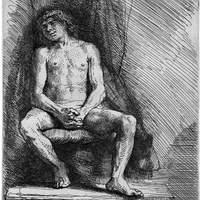 Rembrandt Nudo seduto davanti a una tenda 1646 Acquaforte 164x98mm