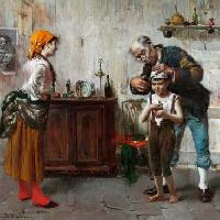 Da Molin Oreste (Piove di Sacco 1856-Padova 1921) Il barbiere rusticano Olio su tela cm 88x113 Collezione privata 