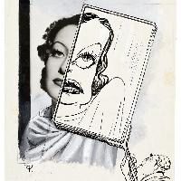 Umberto Tirelli, Fotografia e caricatura di Joan Crawford, collage fotografia, inchiostro e tempera su carta. Collezione privata