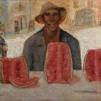 	 Giacomo Bergomi, Venditore di angurie, 1965 circa, olio su tela, 100x150cm