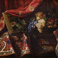 Francesco Noletti, detto Maltese Composizione con cesta di frutta e specchio su tappeto