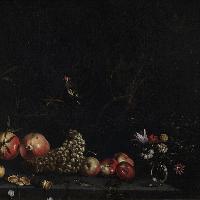 Natura morta con frutta, fiori, un falco e un cardellino