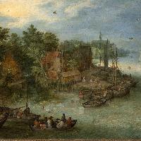 Paesaggio fluviale con approdo