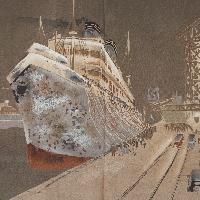 Giacca sovrakimono informale (haori) maschile con nave in partenza da una banchina (dettaglio)