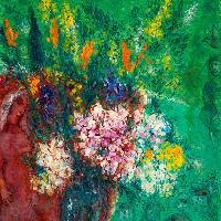 Marc Chagall Mazzo di fiori su fondo rosso e verde 1970